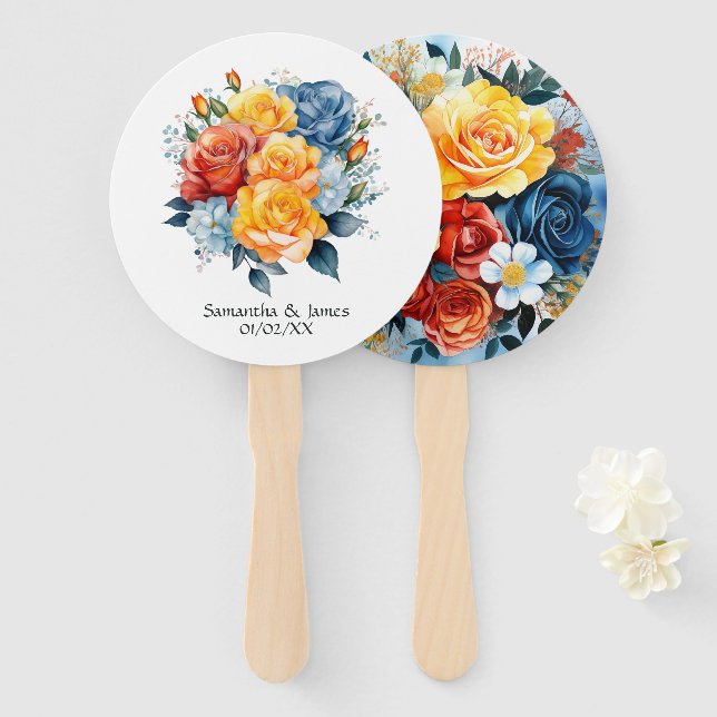 Éventail Mariage floral bleu, orange, jaune et rouge (Devant et derrière)