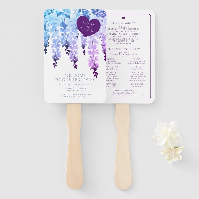 Éventail Mariage Floral de Glycine à l'Aquarelle Violette (Devant et derrière)