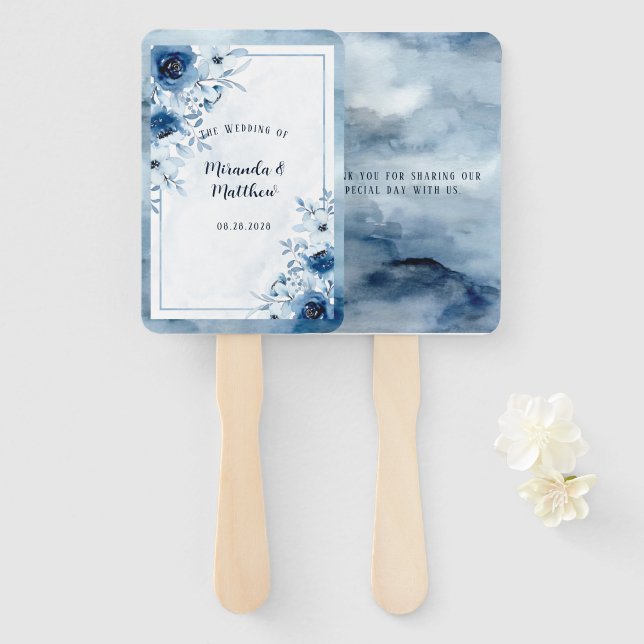 Éventail Mariage floral Dusty Blue & Navy (Devant et derrière)
