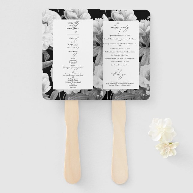 Éventail Mariage floral noir et blanc Peonies d'aquarelle (Devant et derrière)