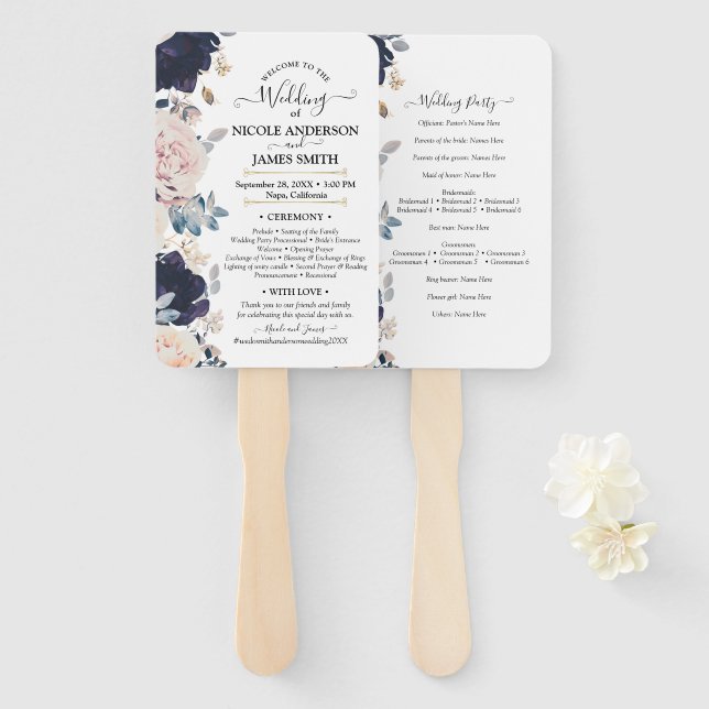 Éventail Mariage floral rose et bleu clair (Devant et derrière)