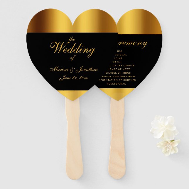 Éventail Mariage frontalier de luxe Black Gold Calligraphie (Devant et derrière)