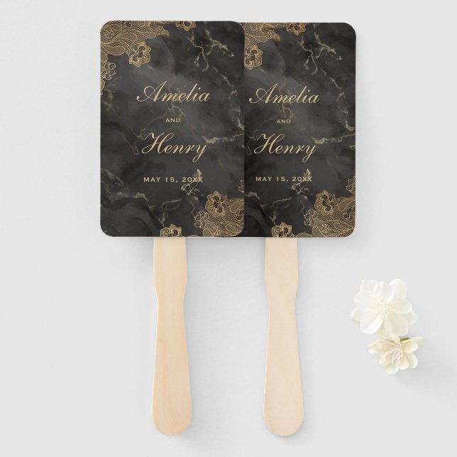 Éventail Mariage frontière en marbre noir orné de dentelle  (Devant et derrière)