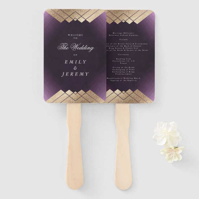 Éventail Mariage Gatsby d'or violet géométrique (Devant et derrière)