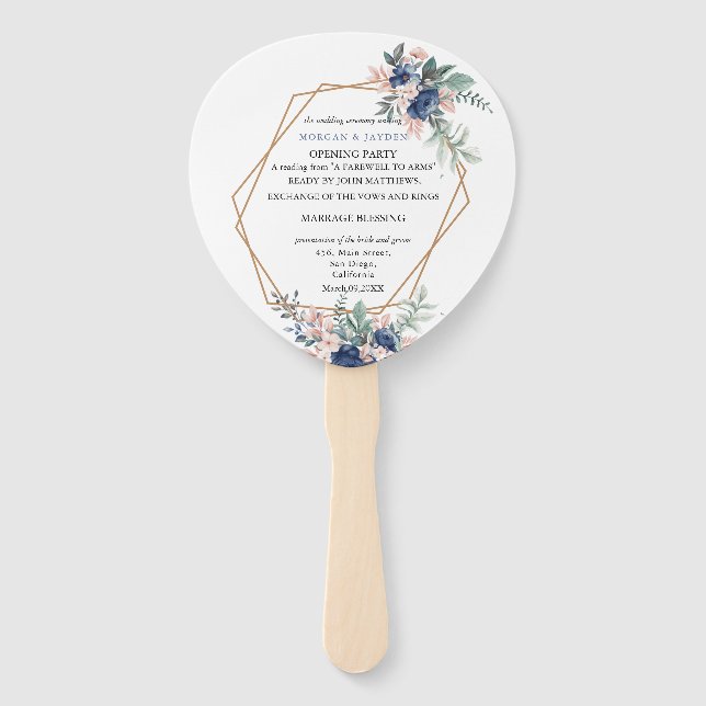 Éventail Mariage géométrique bleu-blanc rose pâle (Devant)