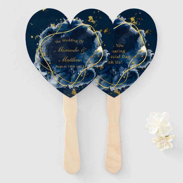 Éventail Mariage géométrique bleu et or de la Marine (Devant et derrière)