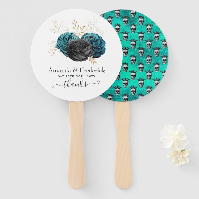 Éventail Mariage gothique turquoise et or Floral (Devant et derrière)