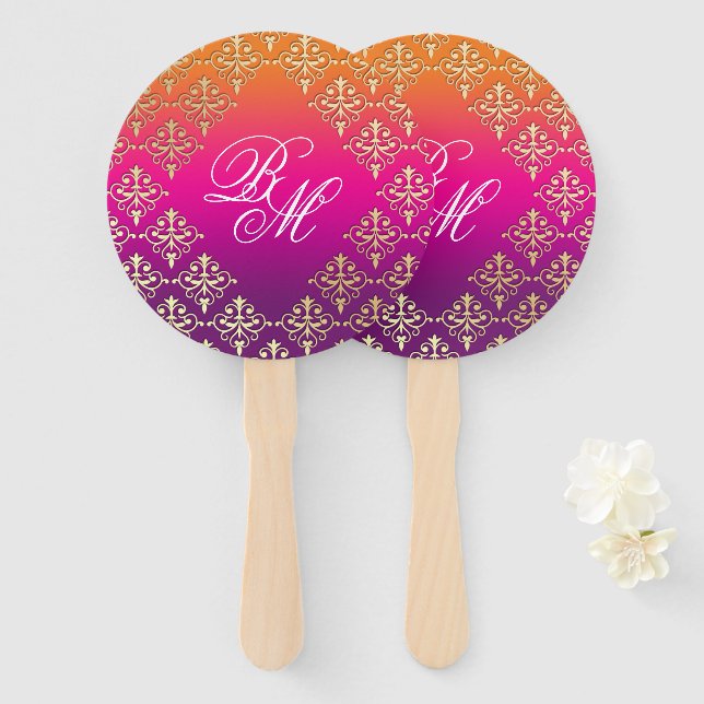 Éventail Mariage indien rose violet orange (Devant et derrière)