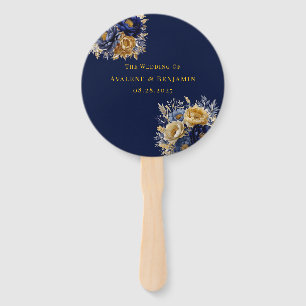 Éventail Mariage Marine Blue and Gold Watercolor Peonies