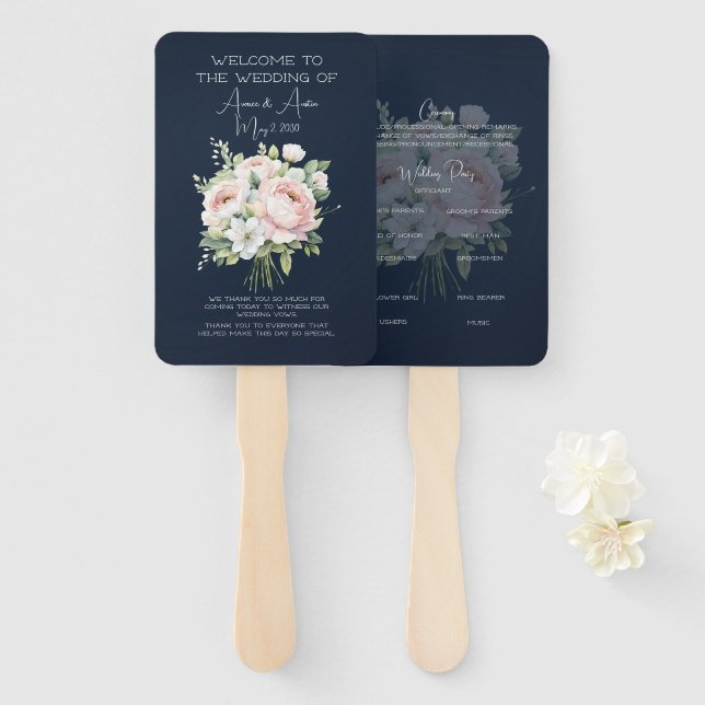 Éventail Mariage Marine et Pink Peony (Devant et derrière)