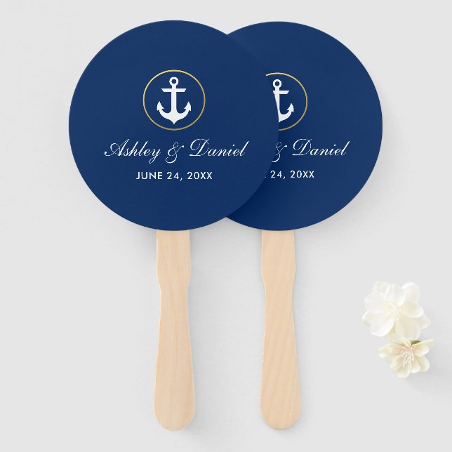 Éventail Mariage Nautique Bleu et Gold Round (Devant et derrière)