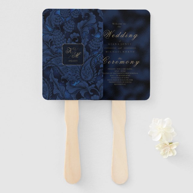Éventail Mariage officiel Paisley Navy Blue ID767 (Devant et derrière)