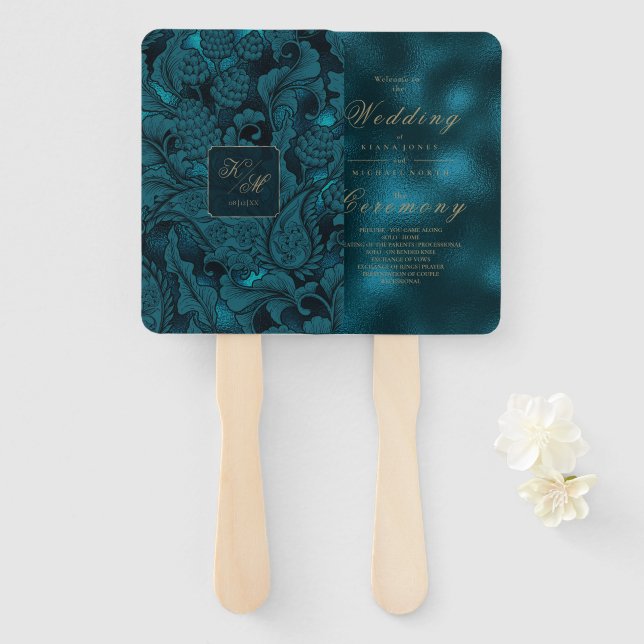 Éventail Mariage Paisley officiel Dark Turquoise ID767 (Devant et derrière)