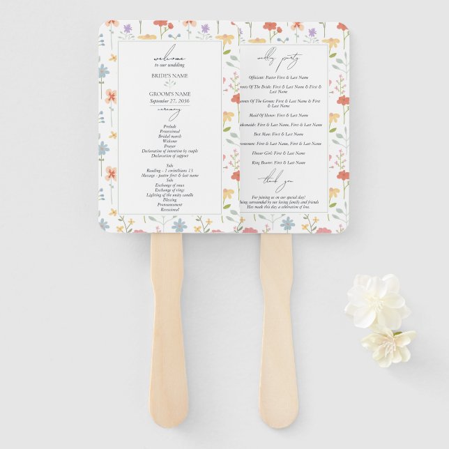 Éventail Mariage Programme Floral Fleurs Sauvages Bohème Ch (Devant et derrière)