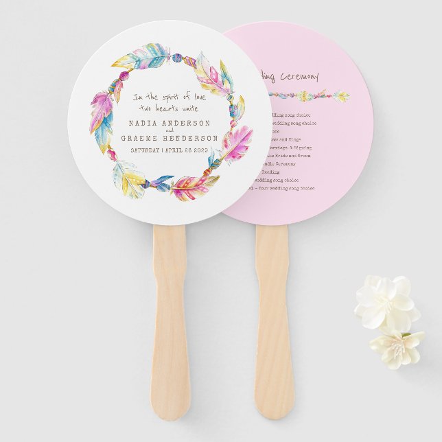 Éventail Mariage rose boho plume et perles fans du programm (Devant et derrière)