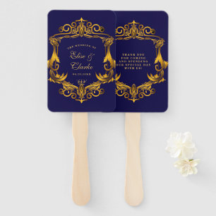 Éventail Mariage Royal Crown Blue et Gold Flouring