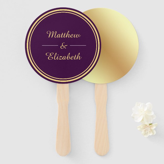Éventail Mariage violet Faux Gold Foil (Devant et derrière)