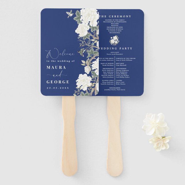 Éventail Marine Blue Ivory Chinoiserie Programme de mariage (Devant et derrière)