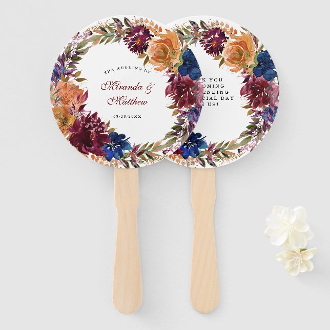 Éventail Marine Marsala Orange Floral Mariage Merci (Devant et derrière)