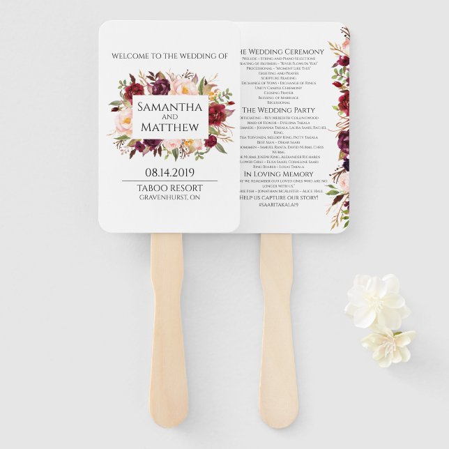 Éventail Marsala programme de mariage ordonné (Devant et derrière)