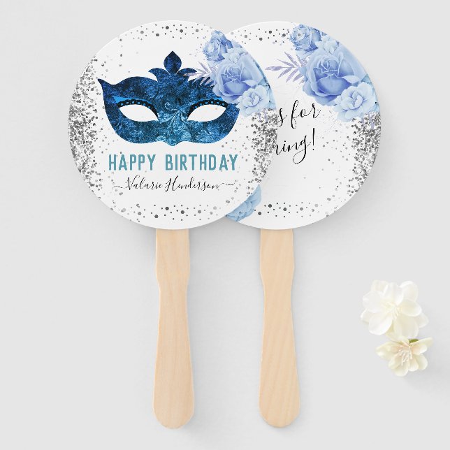 Éventail Mascarade bleue fête d'anniversaire (Devant et derrière)