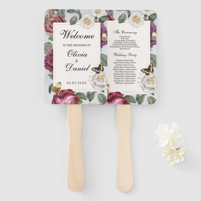 Éventail Menu mariage Programme Fleur papillon Floral (Devant et derrière)