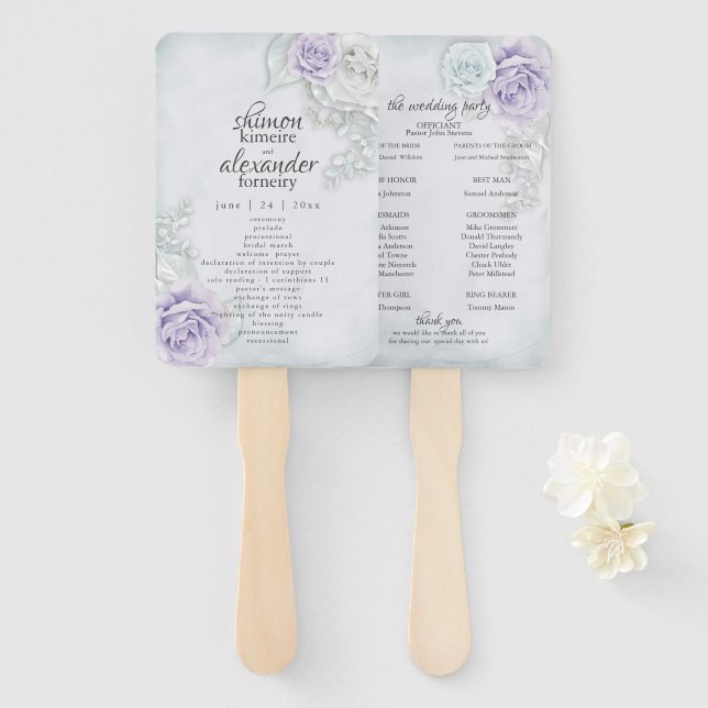 Éventail Menu Ventilateur Élégant Lilac Bleu Rose Blanche F (Devant et derrière)