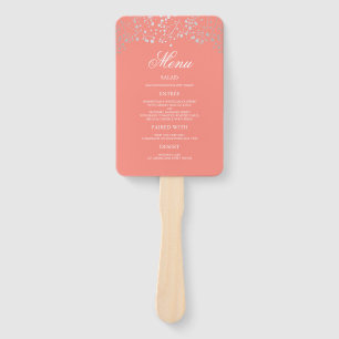 Éventail Menus Mariage de corail argenté et blanc