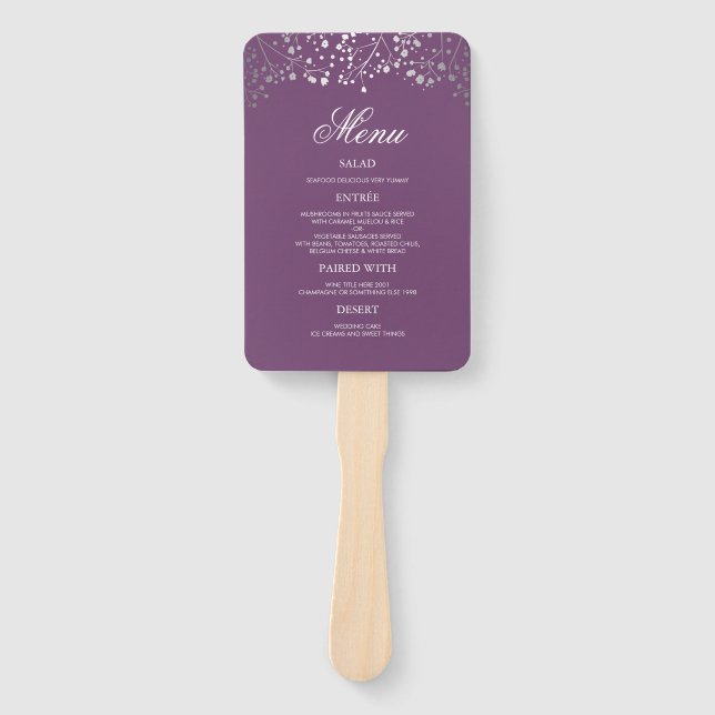 Éventail Menus Mariages d'argent et de prune pourpre (Devant)