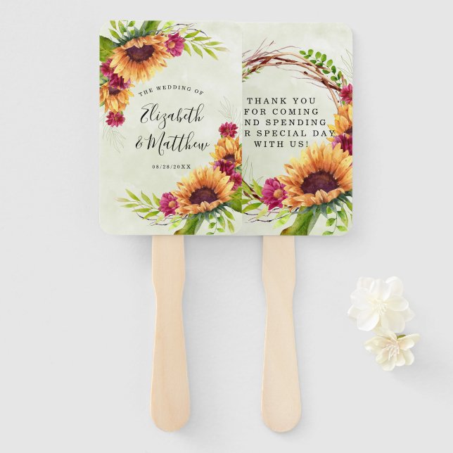 Éventail Merci de Mariage rose printanier des tournesols (Devant et derrière)