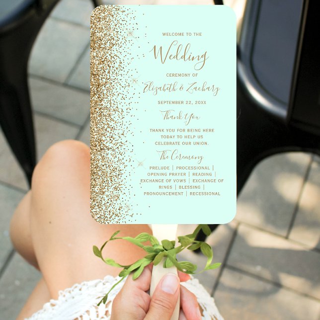Éventail Mint Green Gold Glitter Wedding Program (Créateur téléchargé)