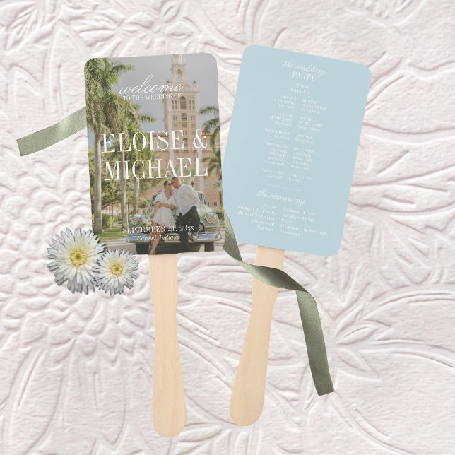 Éventail Modern Blue Citrus Script Wedding Ceremony Program (Modern Blue Citrus Script Wedding Ceremony Program Hand Fan)
