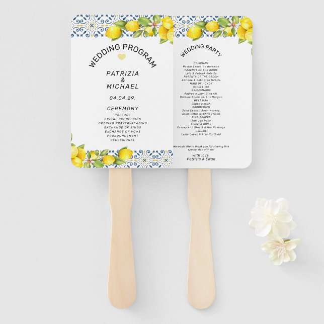 Éventail Modern Lemon Mediterranean Wedding  Program (Devant et derrière)