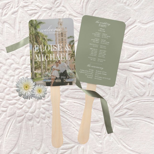 Éventail Modern Sage Green Script Wedding Ceremony Program (Modern Sage Green Script Wedding Ceremony Program Hand Fan)
