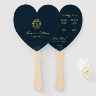 Éventail Monogramme dans Gold Wreath Blue Heart Wedt Progra