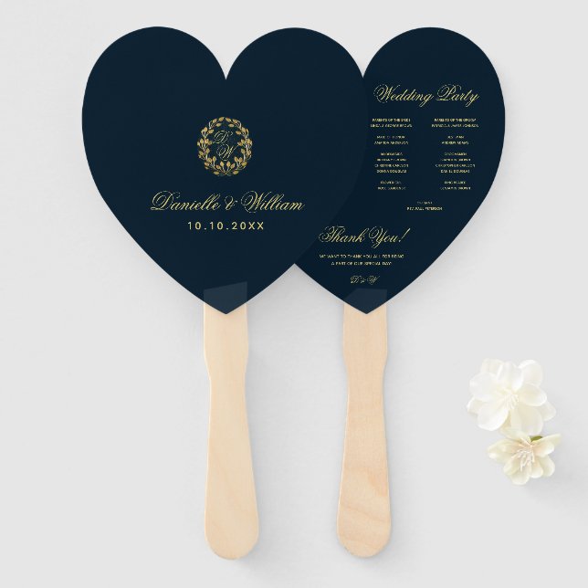 Éventail Monogramme dans Gold Wreath Blue Heart Wedt Progra (Devant et derrière)