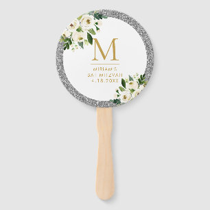 Éventail Monogramme floral gris Parties scintillant argenté