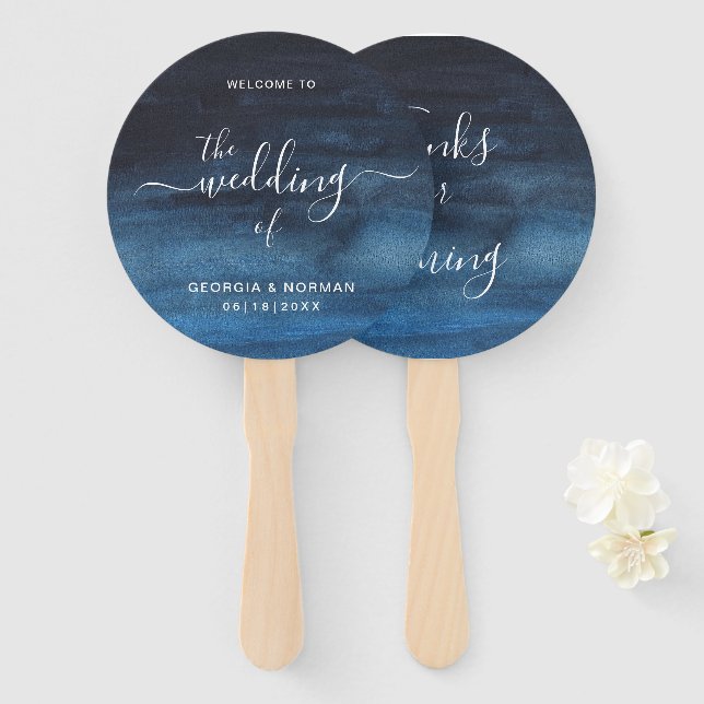 Éventail Moody Dark Watercolor Mariage bleu marine (Devant et derrière)
