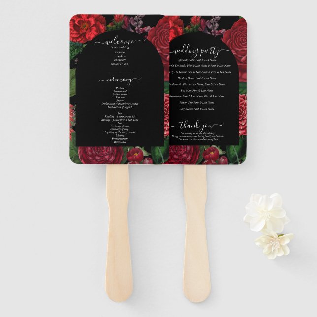 Éventail Moody Florals Black Burgundy Wedding Programme (Devant et derrière)