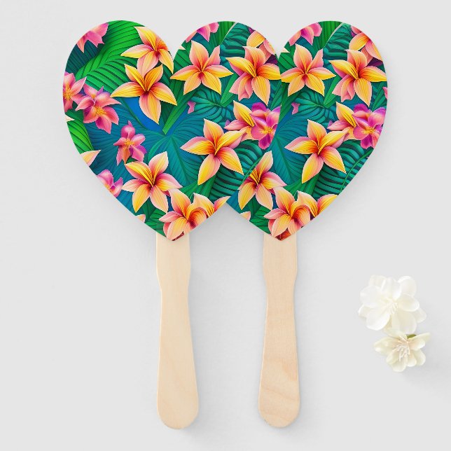 Éventail Motif de fleurs tropicales hawaïennes (Devant et derrière)
