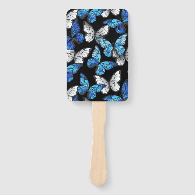 Éventail Motif sans couleur foncée avec papillons bleus Mor (Devant)