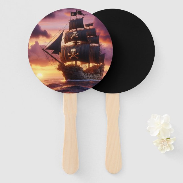 Éventail Navire pirate au lever/coucher du soleil (Devant et derrière)