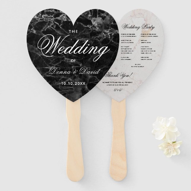 Éventail Noir Blanc Marbre Coeur Élégant Mariage Programme (Devant et derrière)