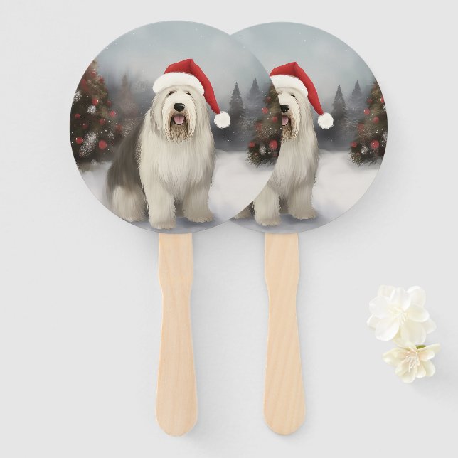 Éventail Old English Sheepdog en Noël de neige (Devant et derrière)