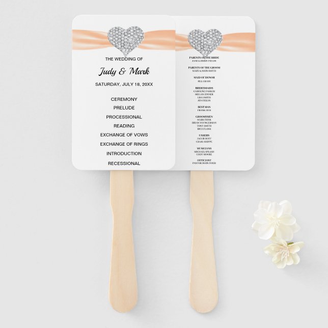 Éventail Orange Diamond Heart Wedding Programme (Devant et derrière)