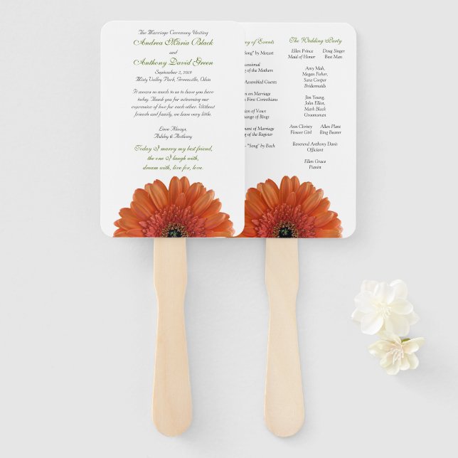 Éventail Orange Gerber Gerbera Daisy Mariage (Devant et derrière)