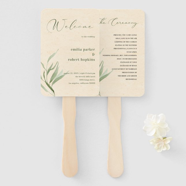 Éventail Papier d'artisanat beige en feuillage vert poussié (Devant et derrière)