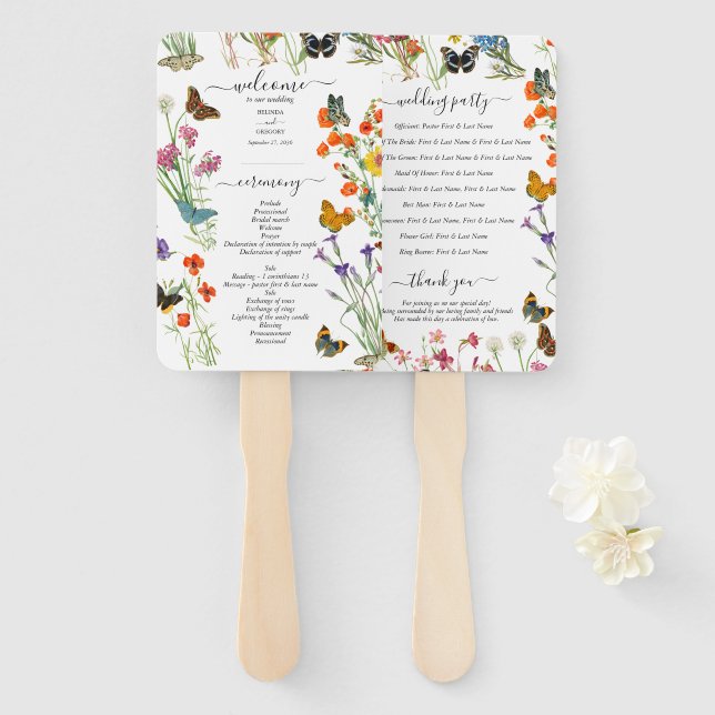 Éventail Papillons fleur sauvage Programme de mariage flora (Devant et derrière)