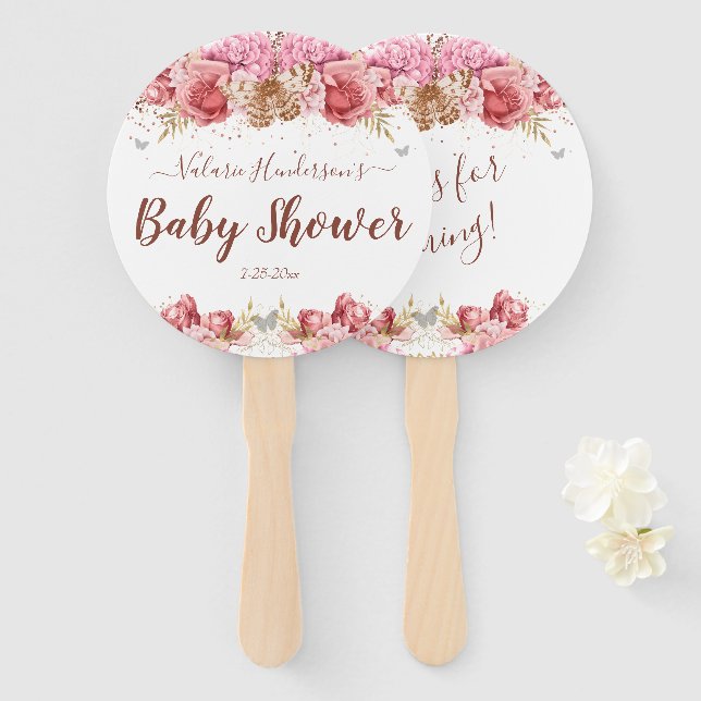 Éventail Papillons floraux Baby shower rose (Devant et derrière)