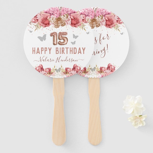 Éventail Papillons floraux rose heureux 15e anniversaire ma (Devant et derrière)